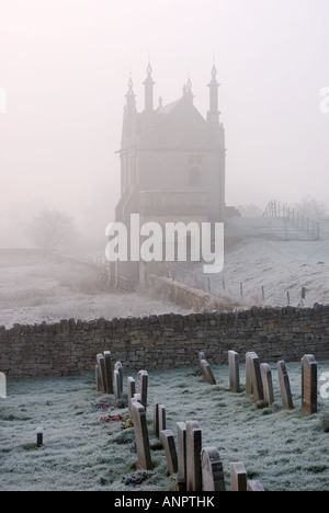 Remains of Campden House in winter fog, Chipping Campden, Gloucestershire, England, UK Stock Photo