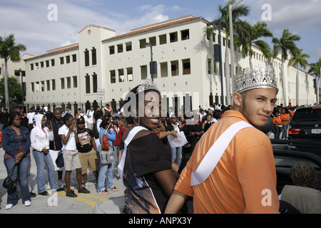 Miami Florida,Overtown,Booker T. Washington High School,campus,public education,campus,state football champions Black female,Hispanic male,teen teens Stock Photo