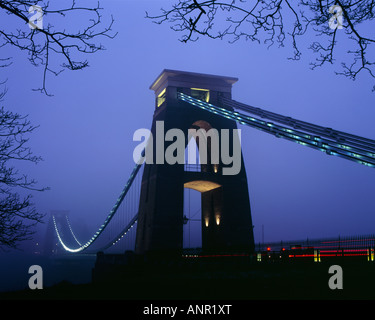 Clifton Suspension Bridge over the Avon Gorge and River Avon illuminated by LED lights at dusk. Bristol, England. Stock Photo