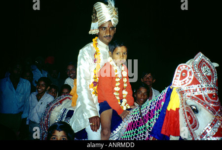 Jaipur India Night Wedding Procession Groom Child On Horseback Stock Photo