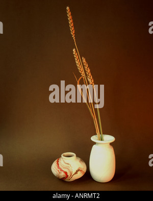 Tall Vase with ears of corn lit by torch light and a smaller decorative Native American Vase Stock Photo