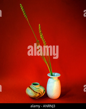 Cereals and ceramics agaiinst a glowing orange background. Stock Photo