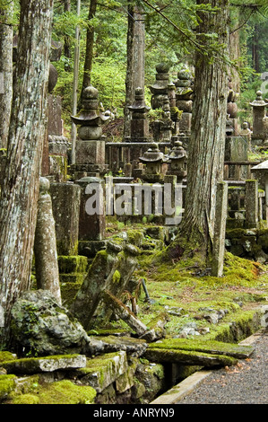 Tombstones in a forest graveyard at Okunoin temple on Koyasan Japan Stock Photo