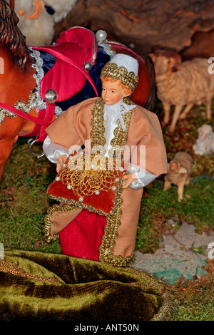 Bavarian Nativity Scene young prince accompanies the Three Kings to the manger dressed in real clothing made in Oberammergau Bavaria Germany Europe Stock Photo