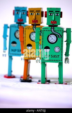 3 Chinese manufactured tinplate clockwork toy robots Stock Photo