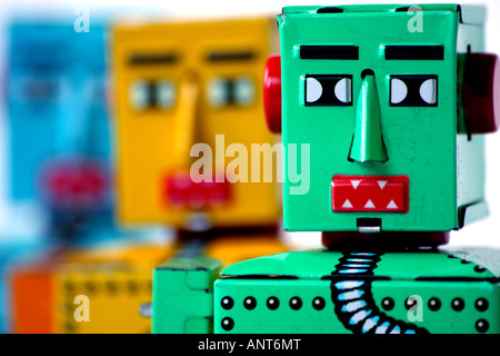 3 Chinese manufactured tinplate clockwork toy robots Stock Photo