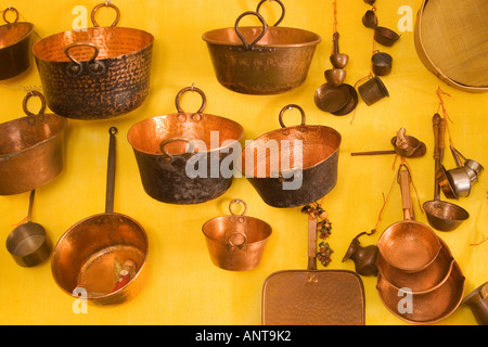 a selection of copper pots and pans at Coci Mari Traditional Mexican Cooking School San Miguel de Allende Mexico Stock Photo