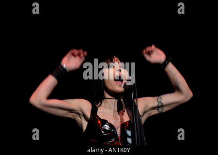 Joan Jett lead singer of Joan Jett And The Blackhearts playing the Nottingham Arena, Nottingham, UK Stock Photo