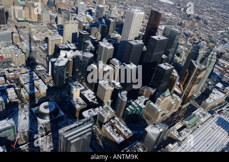 Aerial view of Toronto financial district high rise tower with shadow of CN Tower in winter Stock Photo