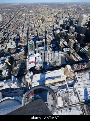 Birds eye view of downtown highrises and Toronto North from the CN Tower with shadow in winter Stock Photo
