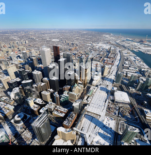 Aerial view of downtown highrises and Toronto East in winter from CN Tower Stock Photo