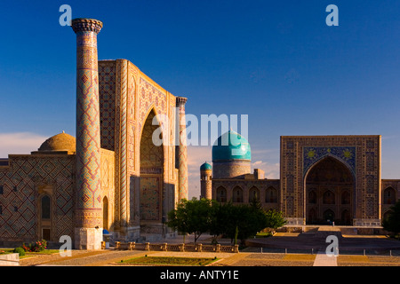 The impressive Registan complex at sunrise Samarkand Uzbekistan Stock Photo