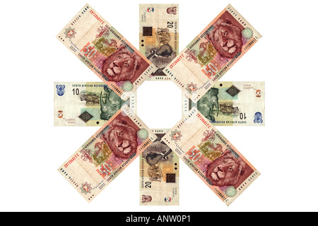 South African Money spread out at various compass points note against a white background. Stock Photo