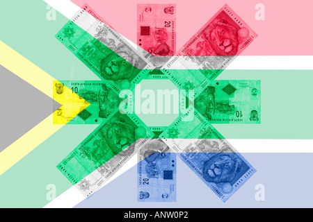 South African Money spread out at various compass points against a flag background. Stock Photo