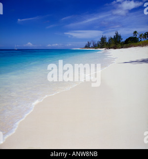 White sandy beach of deserted dreamlike typical desert island with distant trees on Bird Island The Seychelles Indian Ocean Stock Photo