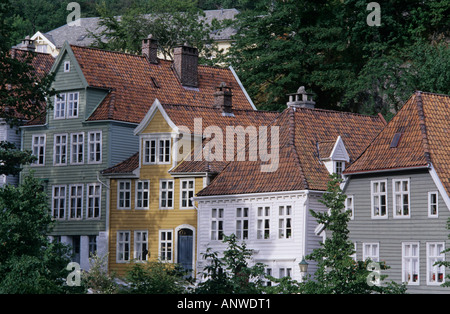 Old wooden houses in the open air museum Gamle Bergen, Bergen, Norway Stock Photo