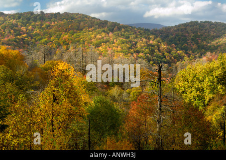 A view from Cherohala Skyway in late October at the peak of the Autumn leaf color season. Stock Photo