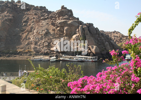 Felucca on the Water - View from Philae Temple [Agilkai Island, Near Aswan, Egypt, Arab States, Africa].                       . Stock Photo