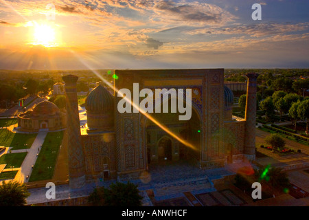 The impressive Registan complex at sunrise Samarkand Uzbekistan Stock Photo