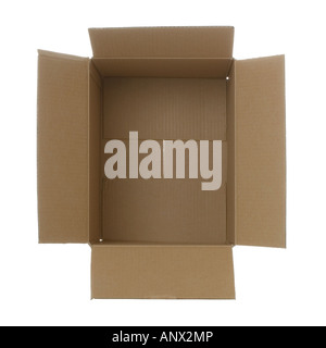 View looking down into a brown cardboard box Isolated on white Stock Photo