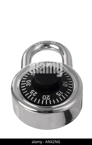 Chrome combination padlock at an angle Isolated on white Stock Photo