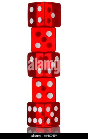 Five red transparent dice in a stack Isolated on white Stock Photo