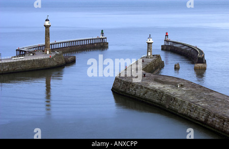 Whitby Harbour seen from St Mary's Church, high on the cliffs above Whitby, North Yorkshire, UK Stock Photo