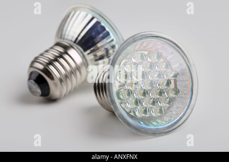 A pair of LED bulb lights with standard E27 Edison screw connector Stock Photo