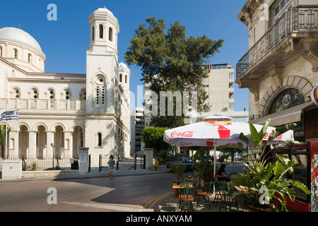 Street Cafe and Ayia Napa Greek Orthodox Cathedral in the Old Town, Limassol, South Coast, Cyprus Stock Photo