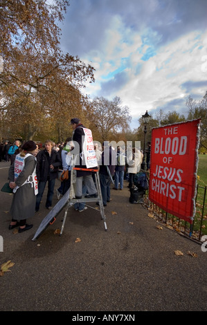 Speakers Corner the blood of jesus christ sign hide park London Stock ...