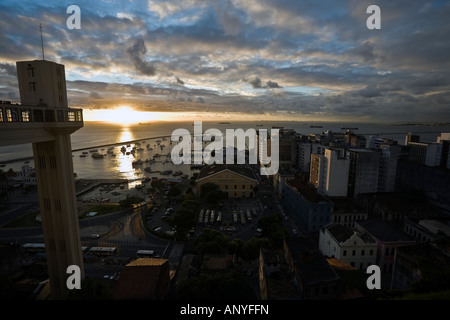 view from he top of the elevator at the sunset of the harbour and mercado modelo in the beautiful city of salvador in bahia state brazil Stock Photo
