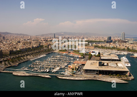 Barcelona aerial view of lower part of the city and its yacht harbor port area Stock Photo