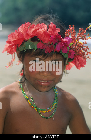 PANAMA Darien Gap Jungle CHOKO or Embera people Young child in flower garland Stock Photo