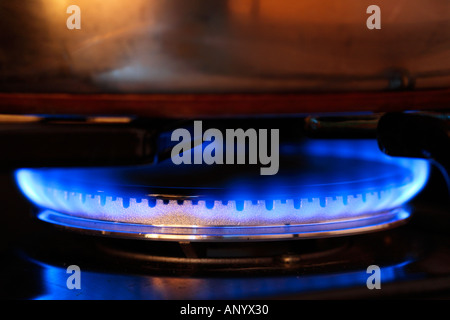 Saucepan cooking over gas flame on cooker hob England United Kingdom Stock Photo