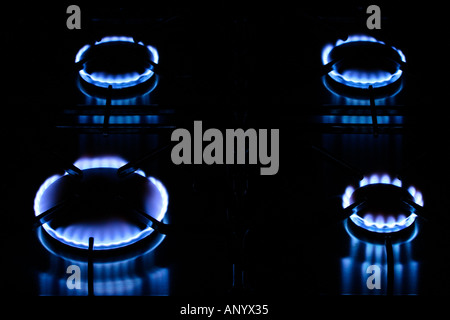 Gas flames on cooker hob England United Kingdom Stock Photo