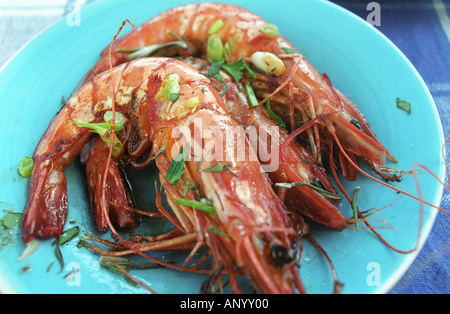 pan fried shell on prawns with garlic and chopped spring onion and chopper herbs Stock Photo