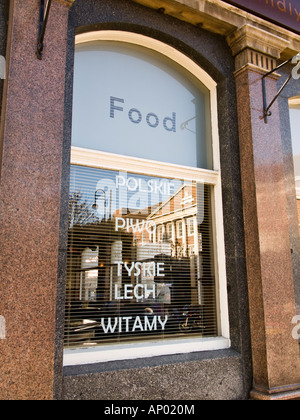 Pub window advertising Polish food and beer and welcome in Hull East Yorkshire England UK Stock Photo