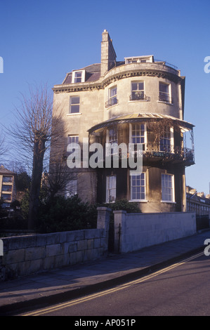 Camden Crescent, Bath, Somerset, UK Regency end of terrace house on hill overlooking city bow facade with canopied balcony Stock Photo