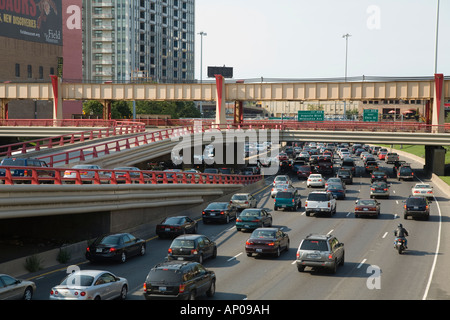 ILLINOIS Chicago Traffic on Kennedy Expressway interstate highway multiple lanes of vehicles exit ramp and overpass Stock Photo