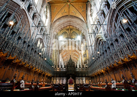 View along choir stalls in Chester Cathedral Stock Photo