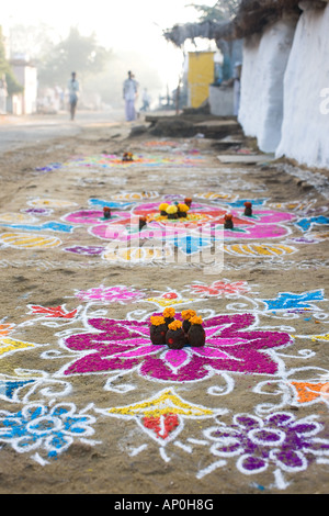 Indian village street with rangoli designs during the festival of Sankranthi / Pongal. Andhra Pradesh Stock Photo