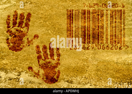 Cave painting showing two hand prints and a bar code Stock Photo