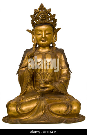 Amitayus gilt bronze buddha of eternal life seated dressed rich clothes jewels of bodhisattva holding small jar containing water Stock Photo