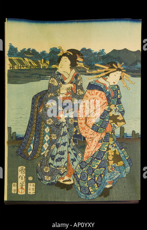 courtesan and young girl on shore of bay one holding sword print courtesans kunichika 1865 Stock Photo