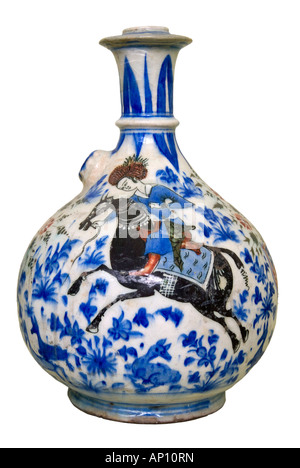 Iran water pipe pottery ceramic17 century underglazed pastime indulgence hashish opium blue horse rider cavalry stallion  under Stock Photo