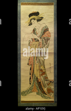 scroll ink on paper textile backing showing a lady kikugawa eisan 1810 1820 Japanese print Japan Japanese orient oriental far ea Stock Photo