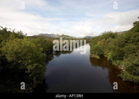 Bealanabrack River with the Maumturk Mountains in the background and Connemara National Park County Mayo Republic of Ireland Stock Photo