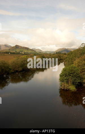 Bealanabrack River with the Maumturk Mountains in the background and Connemara National Park County Mayo Republic of Ireland Stock Photo