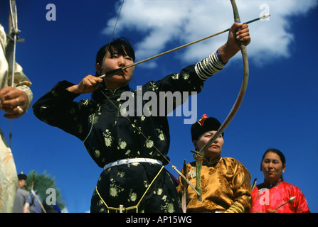 Female archers, Nadaam Festival, Ulan Bator, Mongolia, Asia Stock Photo