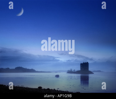 GB - SCOTLAND: Moon over Castle Stalker and Loch Linnhe Stock Photo